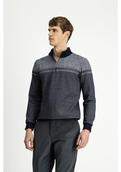 Yarım Balıkçı Yaka Yaka Regular Fit Desenli Fermuarlı Pamuklu Sweatshirt