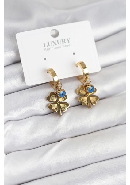 316L Çelik Nazarlı Yonca Model Kadın Küpe - TJ-BKP11230