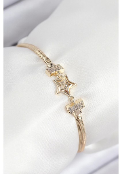 Pirinç Zirkon Taşlı Yıldız Model Gold Renk Kadın Bileklik - TJ-BB7903