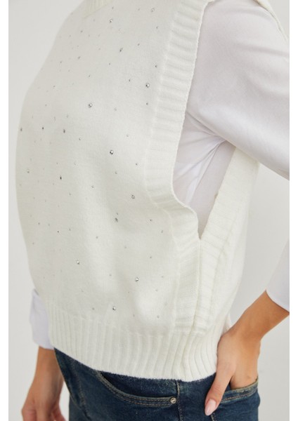 Taşlı Bisiklet Yaka Triko Süveter