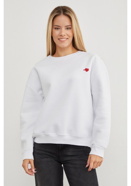3 Iplik Kalp Baskılı Bisiklet Yaka Sweatshirt
