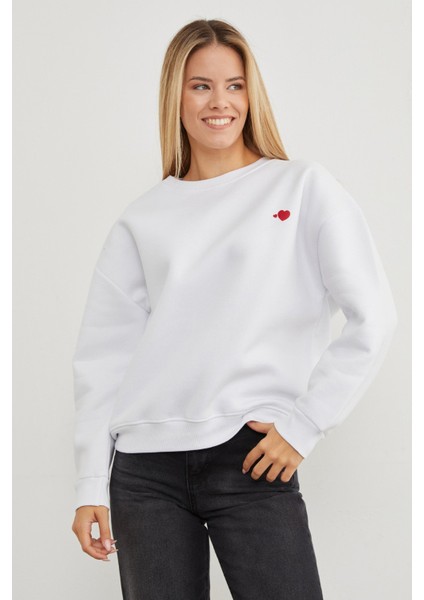 3 Iplik Kalp Baskılı Bisiklet Yaka Sweatshirt fiyatları