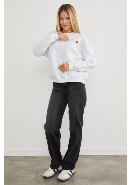 3 Iplik Kalp Baskılı Bisiklet Yaka Sweatshirt modelleri