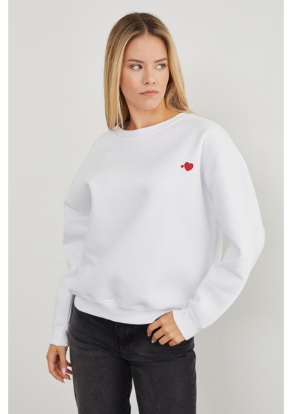 3 Iplik Kalp Baskılı Bisiklet Yaka Sweatshirt fırsatları