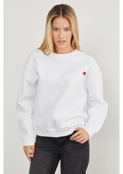 3 Iplik Kalp Baskılı Bisiklet Yaka Sweatshirt indirimleri