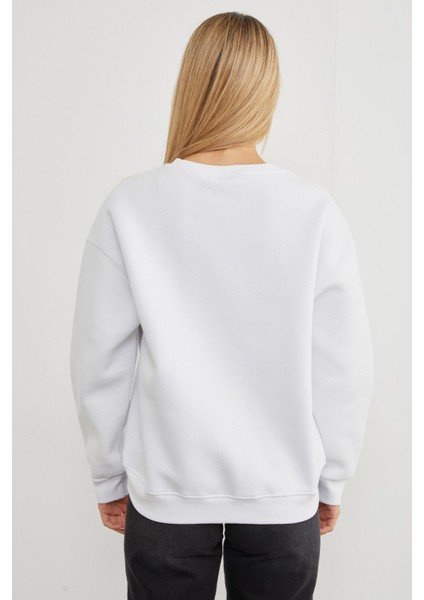 3 Iplik Kalp Baskılı Bisiklet Yaka Sweatshirt