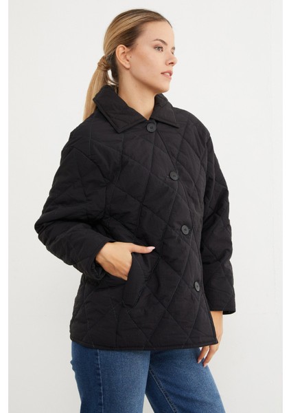 Kapitone Desenli Oversize Düğmeli Mont