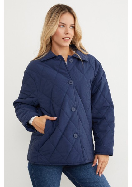 Kapitone Desenli Oversize Düğmeli Mont