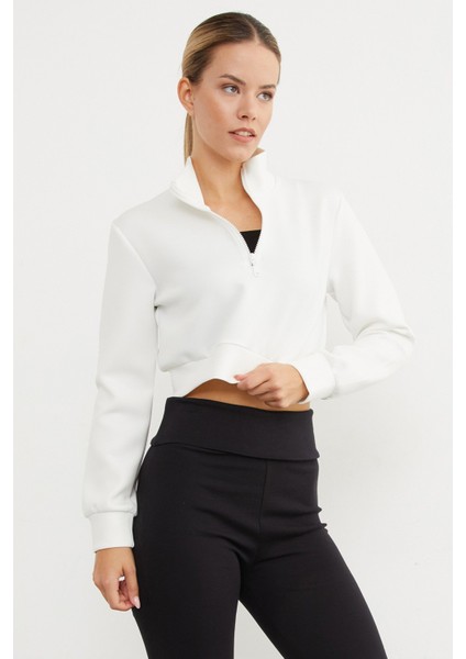 Yarım Fermuarlı Dik Yaka Crop Sweatshirt