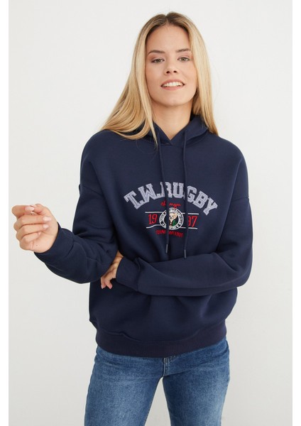 3 Iplik Rugby Nakışlı Kapüşonlu Sweatshirt