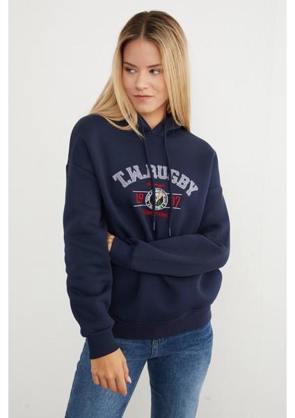 3 Iplik Rugby Nakışlı Kapüşonlu Sweatshirt