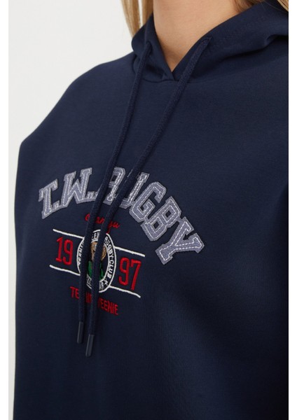 3 Iplik Rugby Nakışlı Kapüşonlu Sweatshirt