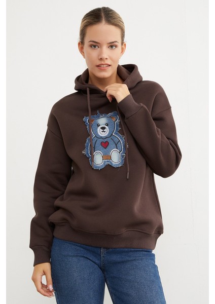 3 Iplik Ayıcık Nakışlı Oversize Kapüşonlu Sweatshirt