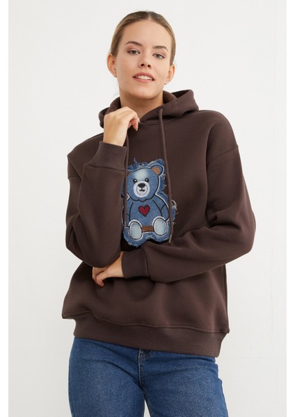 3 Iplik Ayıcık Nakışlı Oversize Kapüşonlu Sweatshirt fırsatları