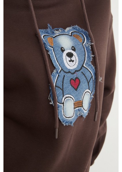 3 Iplik Ayıcık Nakışlı Oversize Kapüşonlu Sweatshirt