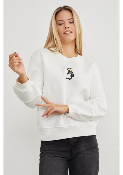 3 Iplik Ayıcık Nakışlı Bisiklet Yaka Sweatshirt