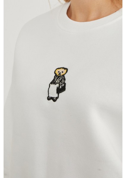 3 Iplik Ayıcık Nakışlı Bisiklet Yaka Sweatshirt