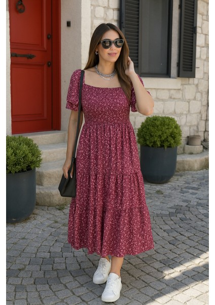 Kadın Kısa Kollu Gipe Detaylı Desenli Midi Süprem Elbise