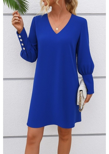 Eyesof Kadın Uzun Kollu V Yakalı Kısa Ithal Krep Elbise