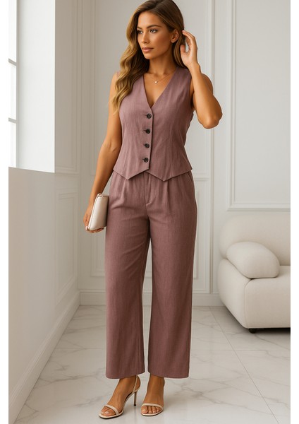 Kadın Sıfır Kollu Düğmeli Yelek ve Pantolon Bürümcük Ikili Takım