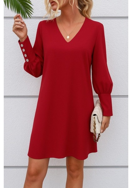 Kadın Uzun Kollu V Yakalı Kısa Ithal Krep Elbise