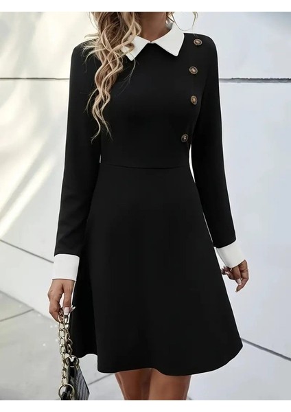 Eyesof Kadın Uzun Kollu Yakalı Düğmeli Kısa Modal Mini Elbise modelleri