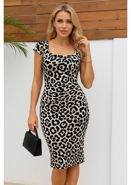 Kadın Kısa Kollu Kare Yakalı Leopar Desenli Dalgıç Elbise
