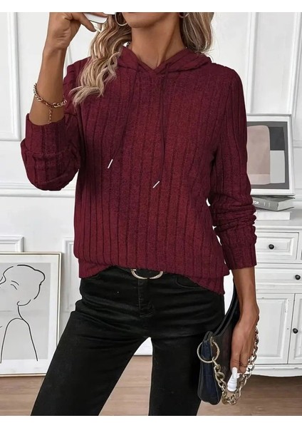 Kadın Uzun Kollu Kapşonlu Bağcıklı Şardonlu Kaşkorse Bluz