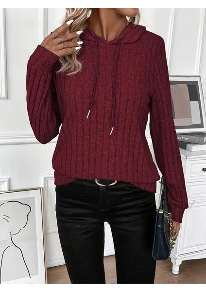 Kadın Uzun Kollu Kapşonlu Bağcıklı Şardonlu Kaşkorse Bluz