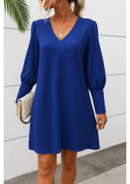 Kadın Uzun Kollu V Yakalı Kısa Ithal Krep Elbise modelleri