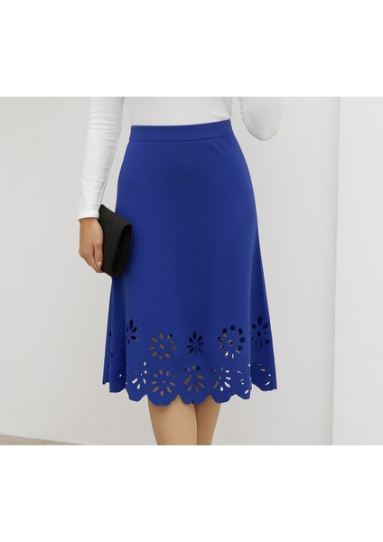 Kadın Yüksek Bel Lazer Kesim Detaylı Midi Ithal Krep Etek