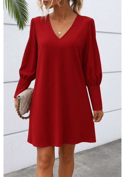 Eyesof Kadın Uzun Kollu V Yakalı Kısa Ithal Krep Elbise modelleri