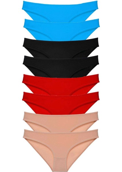 8 Adet Süper Eko Set Likralı Kadın Slip Külot Siyah Kırmızı Ten Mavi