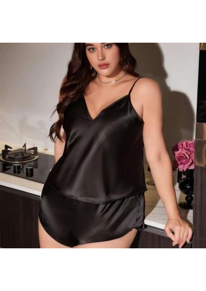 Mdb Mdbshop Büyük Beden Siyah Saten Şortlu Takım