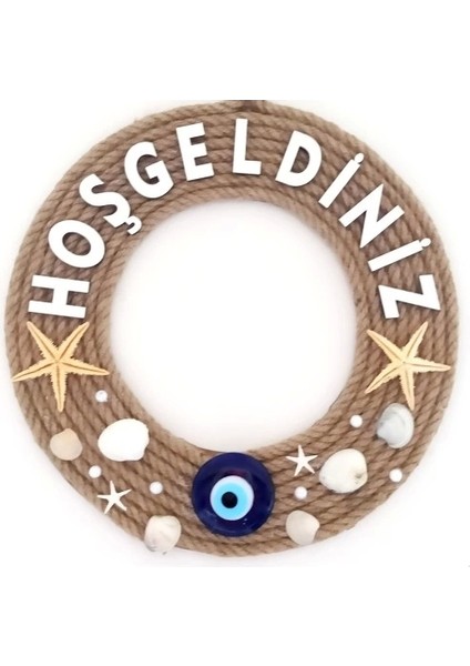 Deniz Yıldızlı Nazar Boncuklu Çakıl Taşlı Incili Hoş Geldiniz Yazılı Kapı ve Duvar Süsü