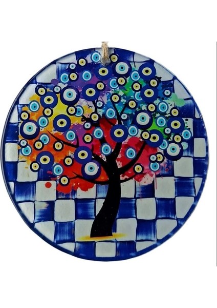 Dilek Ağacı Desenli Nazar Boncuklu Füzyon Cam Duvar Süsü