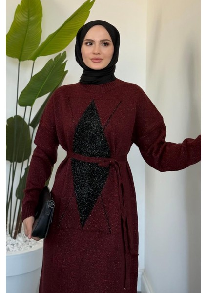 Nobile Yıldız Simli Triko Elbise Bordo modelleri