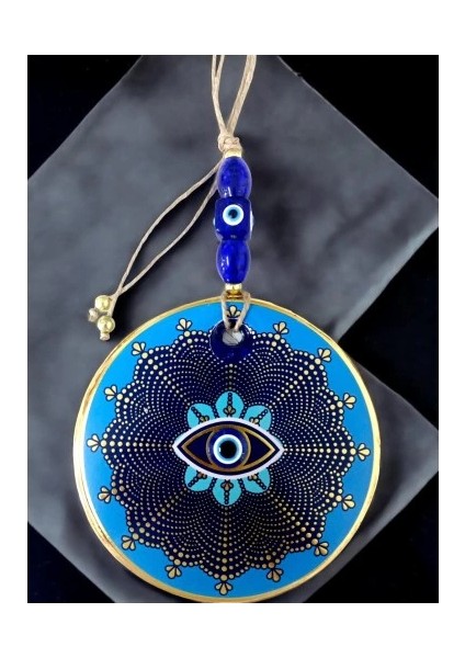 Mavi Cam Üstü Altın Puantiyeli Göz Nazar Boncuklu Duvar Süsü indirimleri