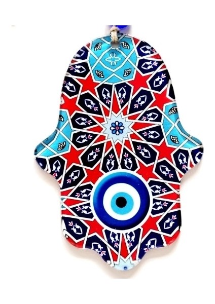 Yıldız ve Nazar Boncuğu Desenli Fatma Ana Bereket Eli Füzyon Cam Duvar Süsü
