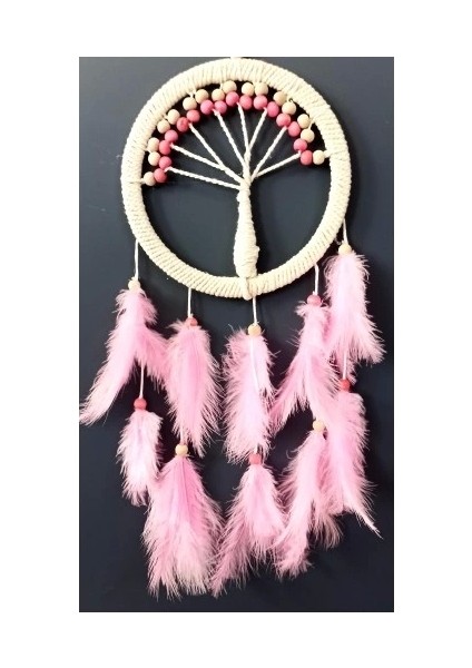 Pembe Kuş Tüylü Hayat Ağacı Düş Kapanı Dream Catcher Duvar Süsü