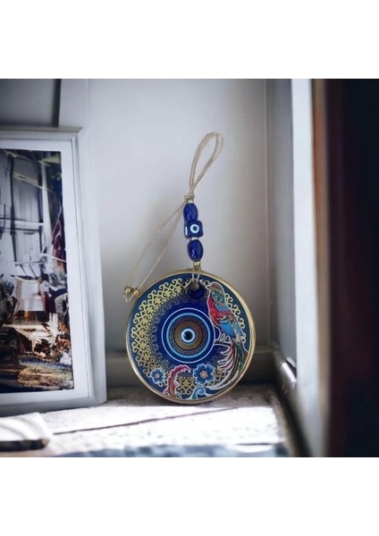 Yaldızlı Bülbül Kuşlu Çicekli Nazar Boncuklu Duvar Süsü Camlı Duvar Dekoru