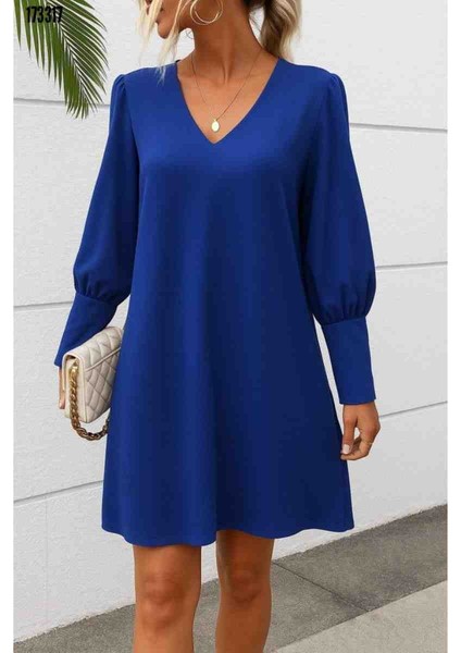 Kadın Uzun Kollu V Yakalı Kısa Ithal Krep Elbise, Kırmızı Gül Figürlü Kolye Hediye