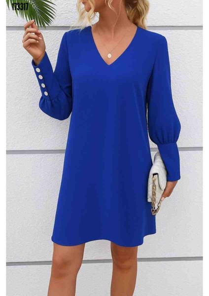 Kadın Uzun Kollu V Yakalı Kısa Ithal Krep Elbise, Kırmızı Gül Figürlü Kolye Hediye modelleri