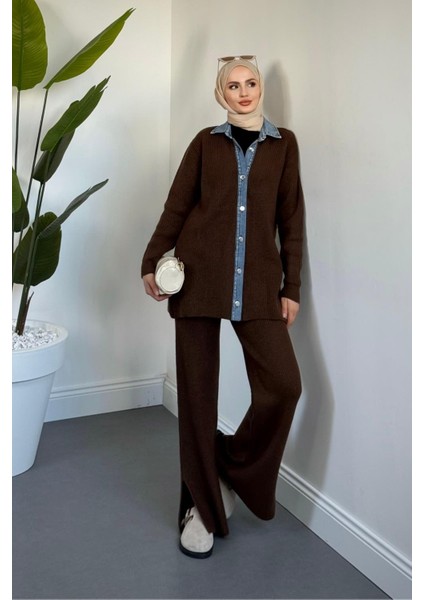 Kai Kot Geçişli Triko Takım Kahverengi