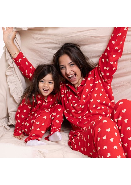 Anne Mini Me Pijama Takımı Interlok Kapüşonlu Yaka Uzun Kol Reçme Paça