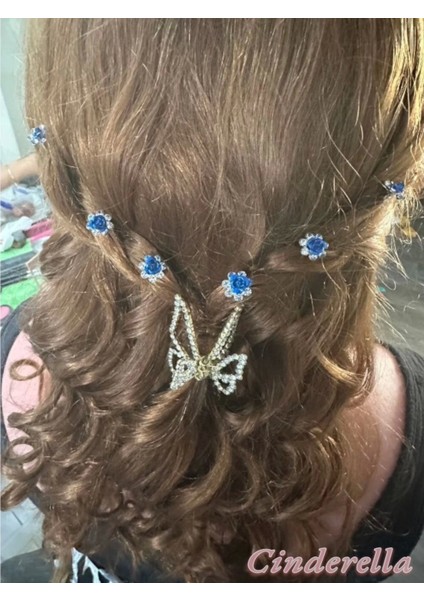 10'lu Mini Kristal Taşlı Çiçek Tasarım Firkete Toka Royal Mavi - Nikah Saç Aksesuarı Topuz Tokası