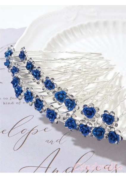 10'lu Mini Kristal Taşlı Çiçek Tasarım Firkete Toka Royal Mavi - Nikah Saç Aksesuarı Topuz Tokası fırsatları
