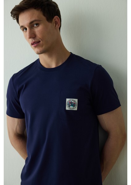 Lacivert Never Erkek Slogan Baskılı Kısa Kollu Pamuklu Pijama Takımı modelleri
