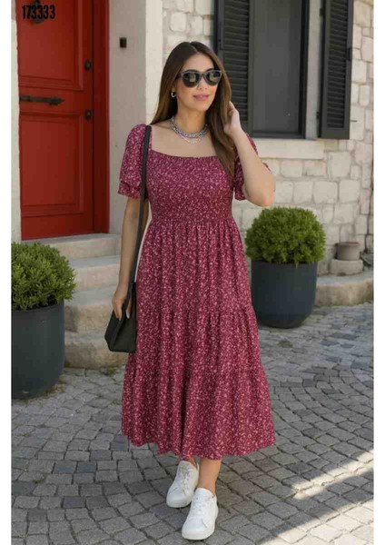 Kadın Kısa Kollu Gipe Detaylı Desenli Midi Süprem Elbise, Kırmızı Gül Figürlü Kolye Hediye