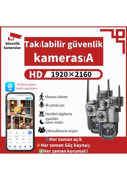 2 Parçalı Set Wi-Fi 6mp Çift Lens-Dış Mekan Güvenlik Kamerası-Tam Renkli Gece Görüşü-Iki Yönlü Ses-Hareket Algılama-Akıllı Kamera